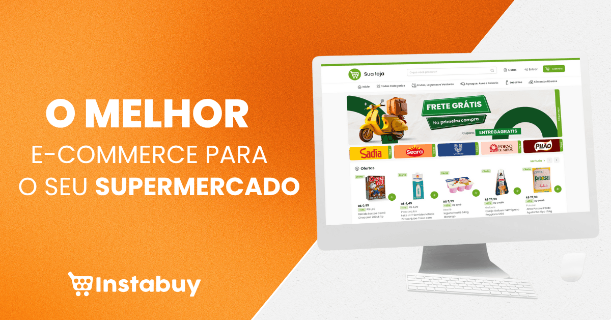 Tela de computador com o site do supermercado e o texto "O melhor e-commerce para o seu supermercado"