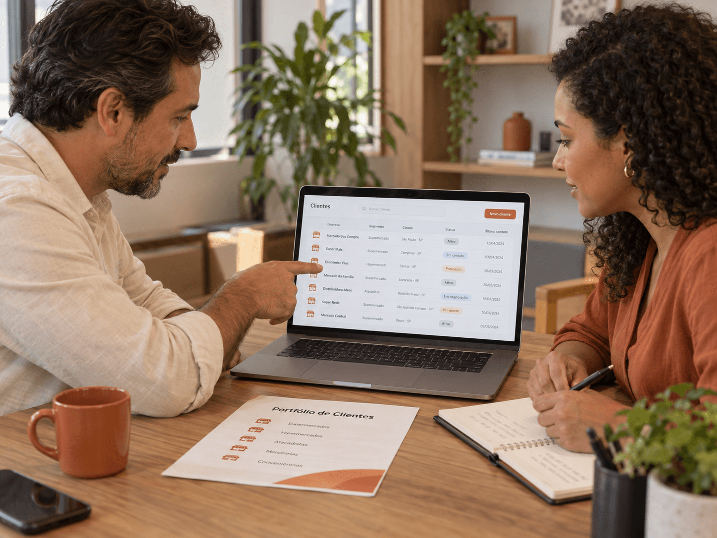 Dupla analisa uma lista de supermercados clientes no notebook, com um portfólio impresso na mesa