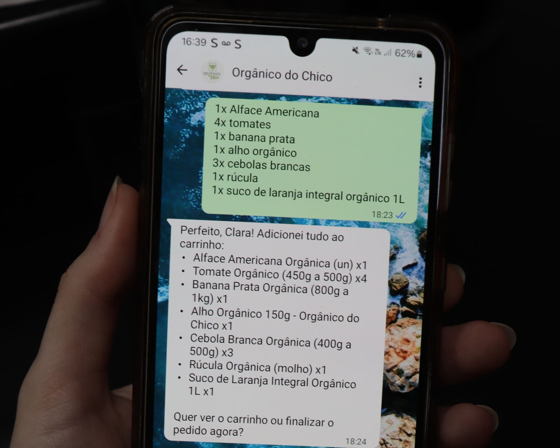 Pessoa utilizando com celular na mão e uma conversa no whatsapp demonstrando como a ISA funciona