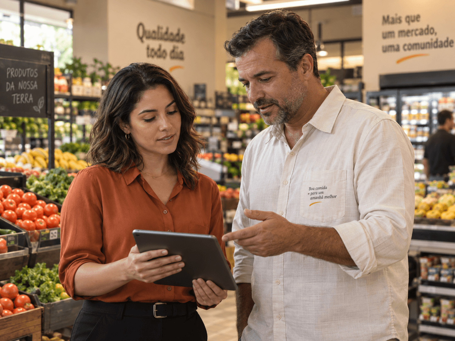 Parceira mostra um tablet ao gestor de um supermercado, no corredor de hortifrúti